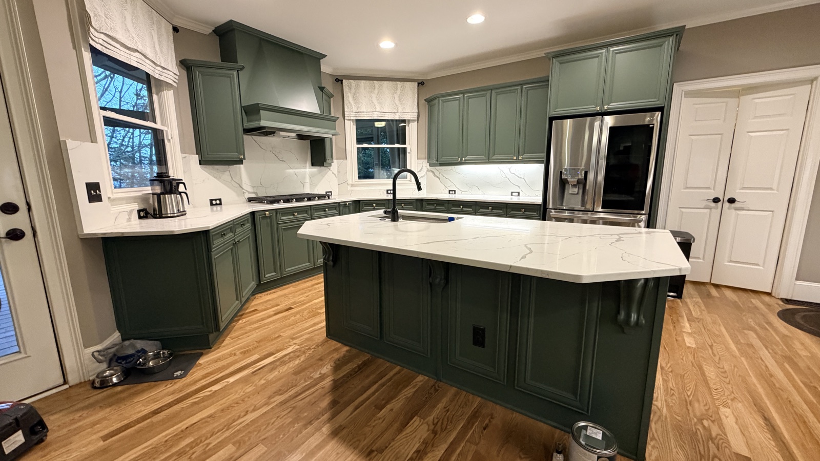 Real painted kitchen cabinets, Rosemary green, Cabinet Painting Guys client job