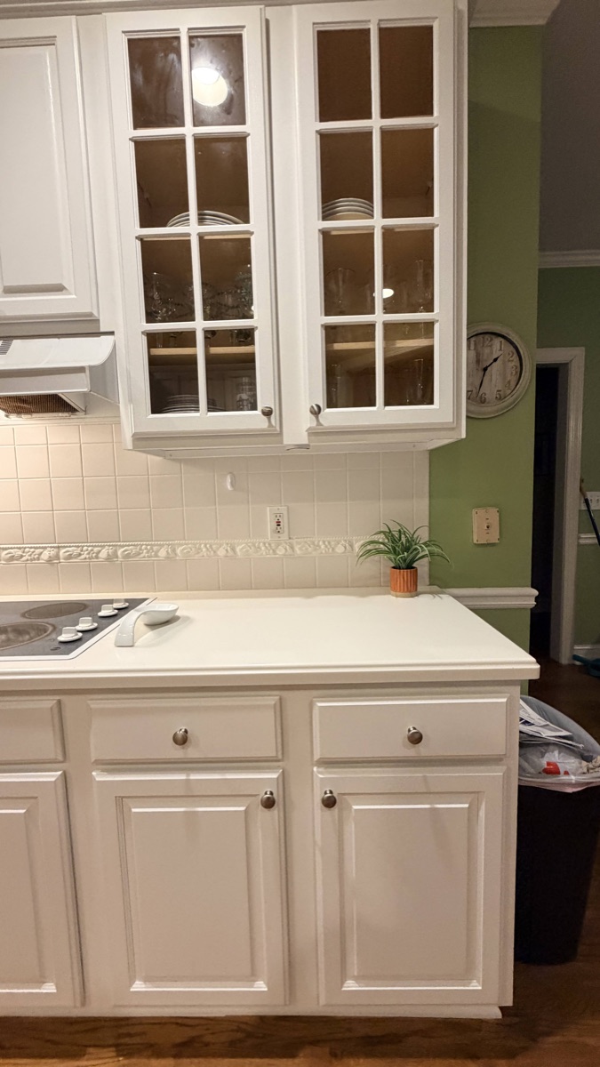Real finished cabinets in White Flour, a Cabinet Painting Guys client job