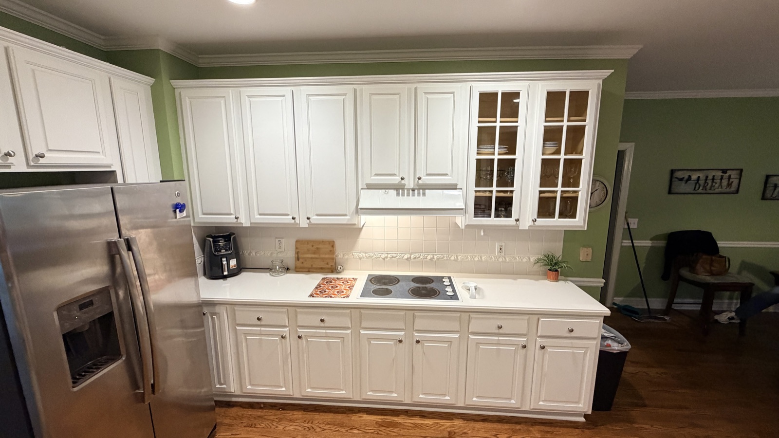 Real finished kitchen with White Flour painted cabinets, a Cabinet Painting Guys client job